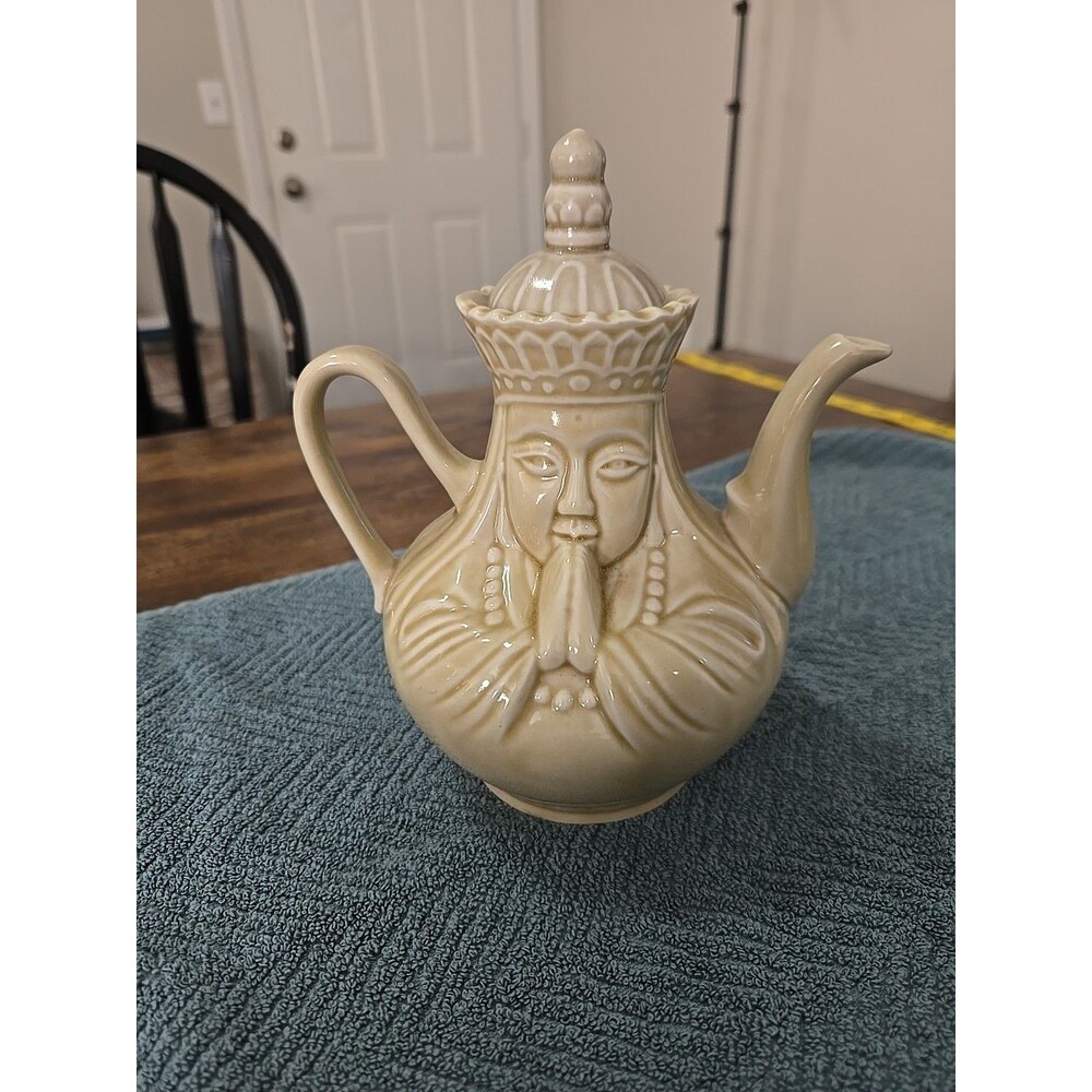 Vintage Figural Asian Goddess Teapot Unbranded Cream Ceramic Praying Woman...